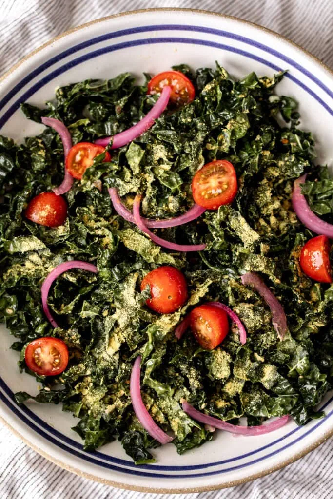 simple shredded kale salad with nutritional yeast.