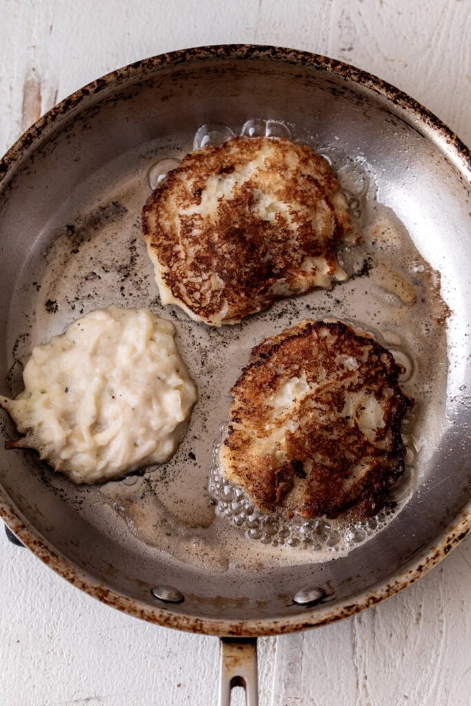 cooked pancake in pan.