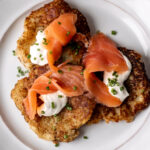 irish boxty potato pancakes with creme fraiche and smoked salmon.