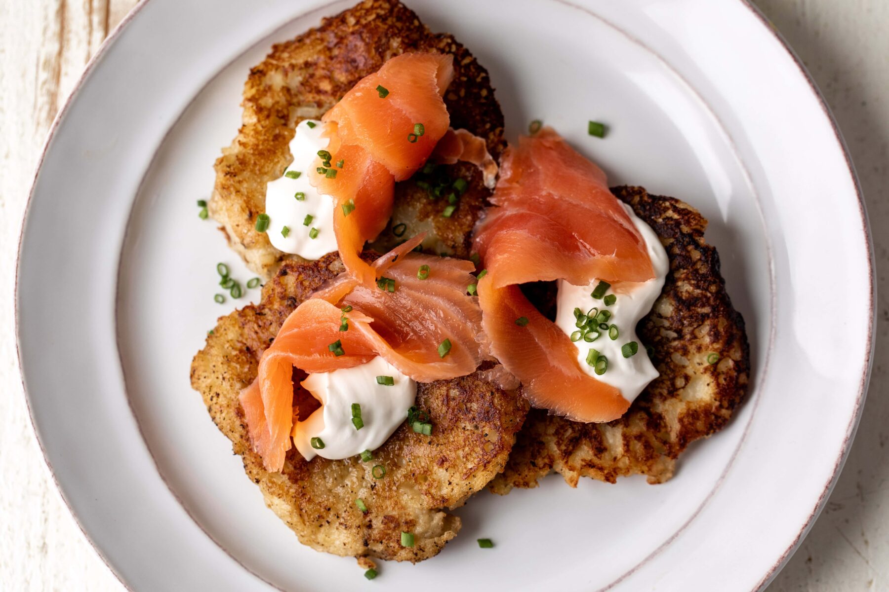 irish boxty potato pancakes with creme fraiche and smoked salmon.