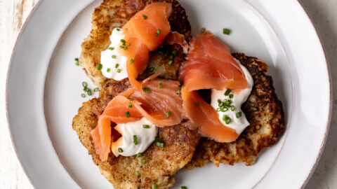 irish boxty potato pancakes with creme fraiche and smoked salmon.