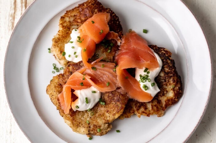 irish boxty potato pancakes with creme fraiche and smoked salmon.