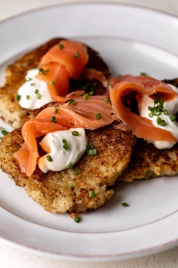 irish boxty potato pancake with smoked salmon and creme fraiche.