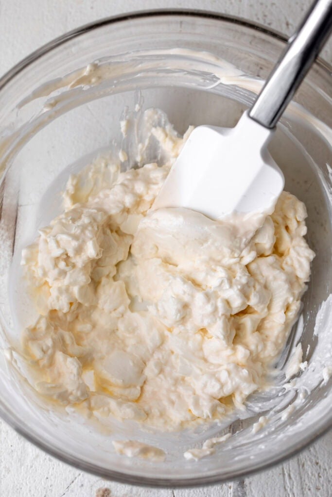 mixed mayo and cream cheese for Southern Pimento Cheese Sandwich.