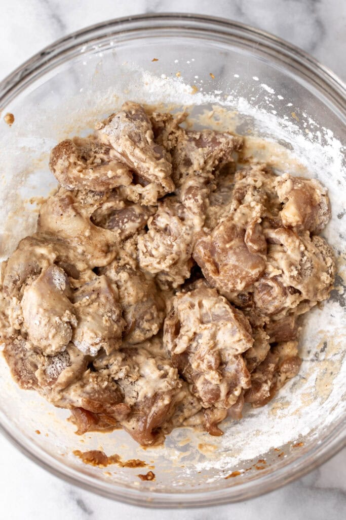 battered chicken with cornstarch and tapioca flour.
