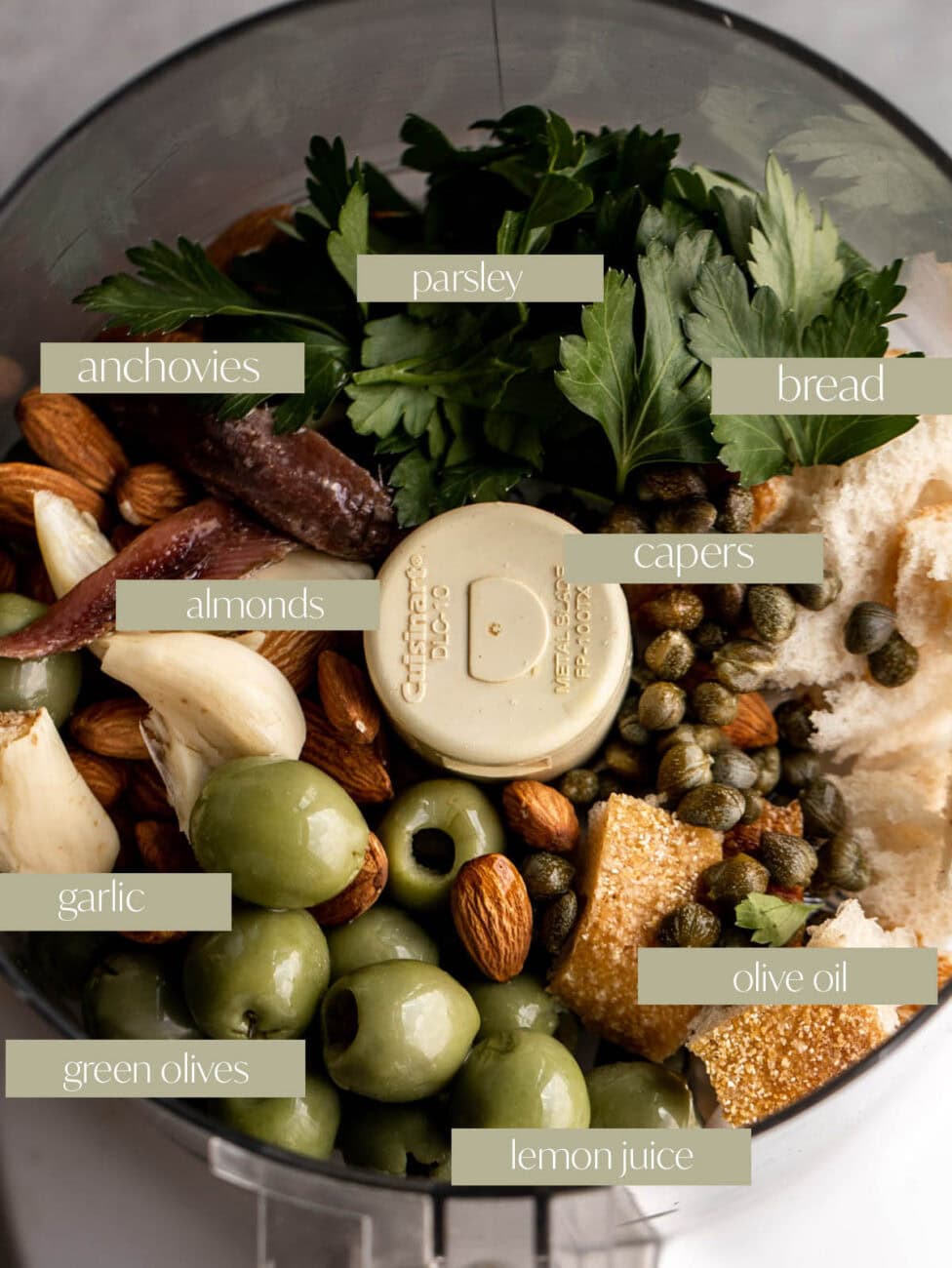 green olive tapenade labeled ingredient photo.