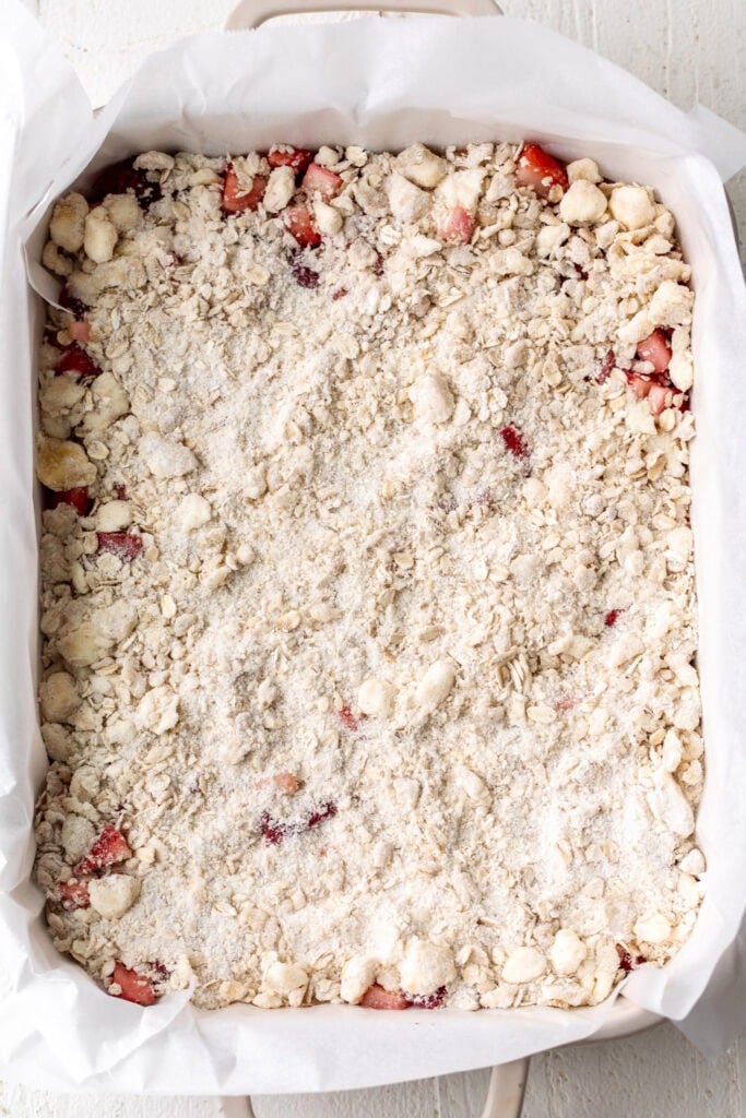 added crumbled mixture to a baking dish.