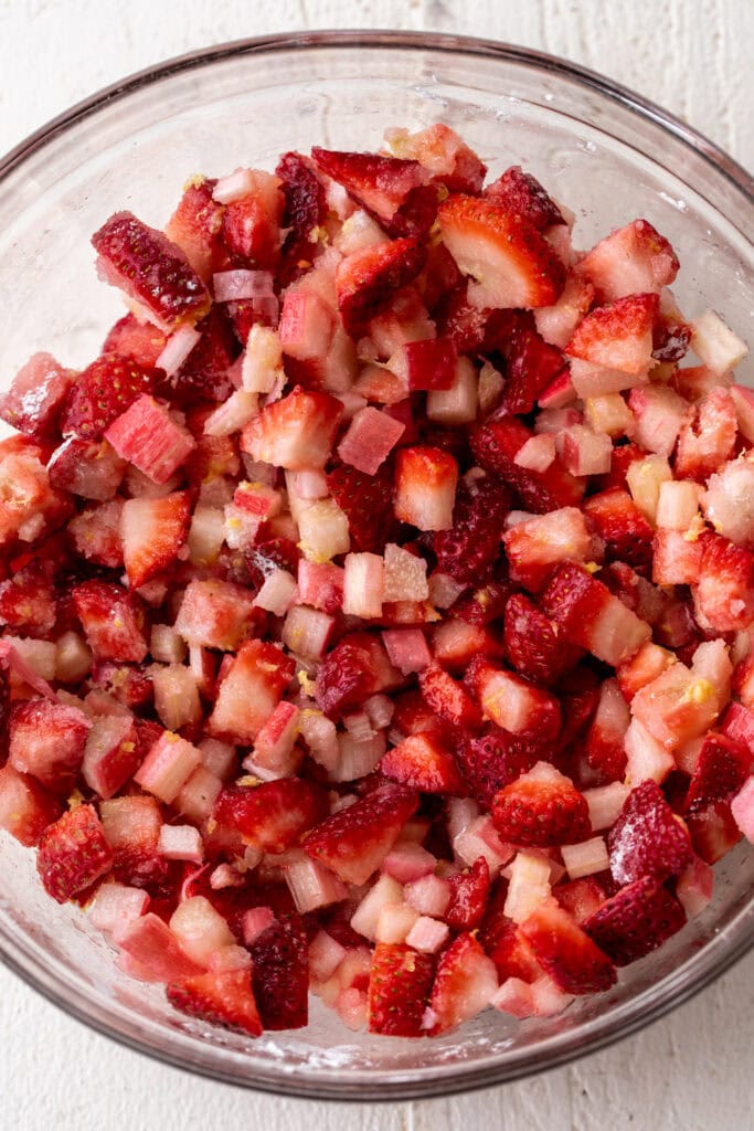 strawberries for the filling of strawberry Rhubarb Bars.
