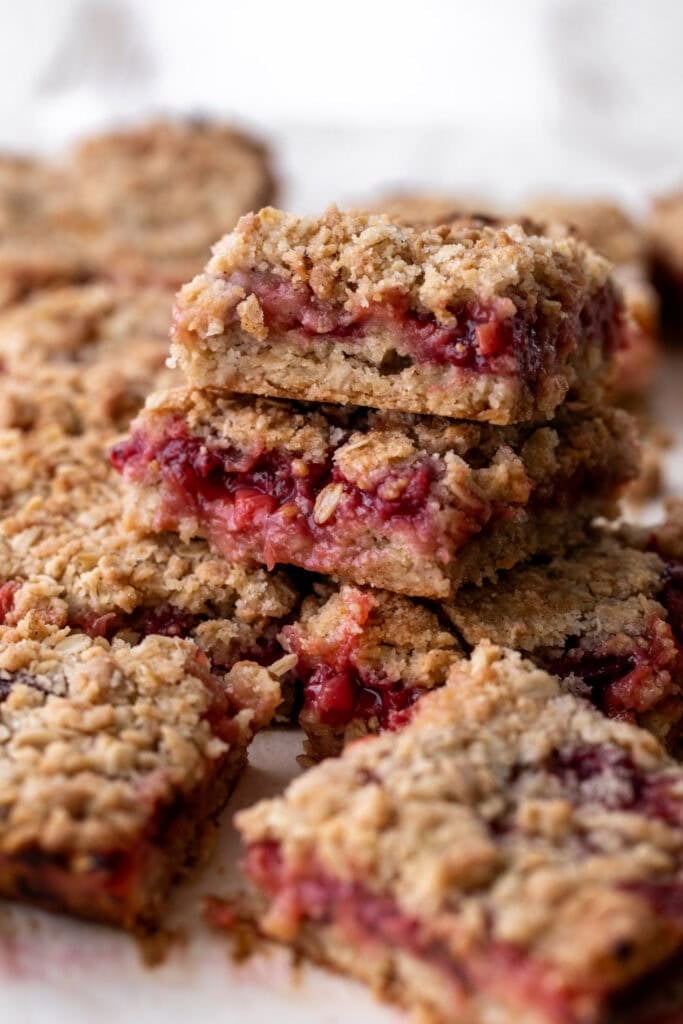 Old-Fashioned Strawberry Rhubarb Bars with Oat Crumble.