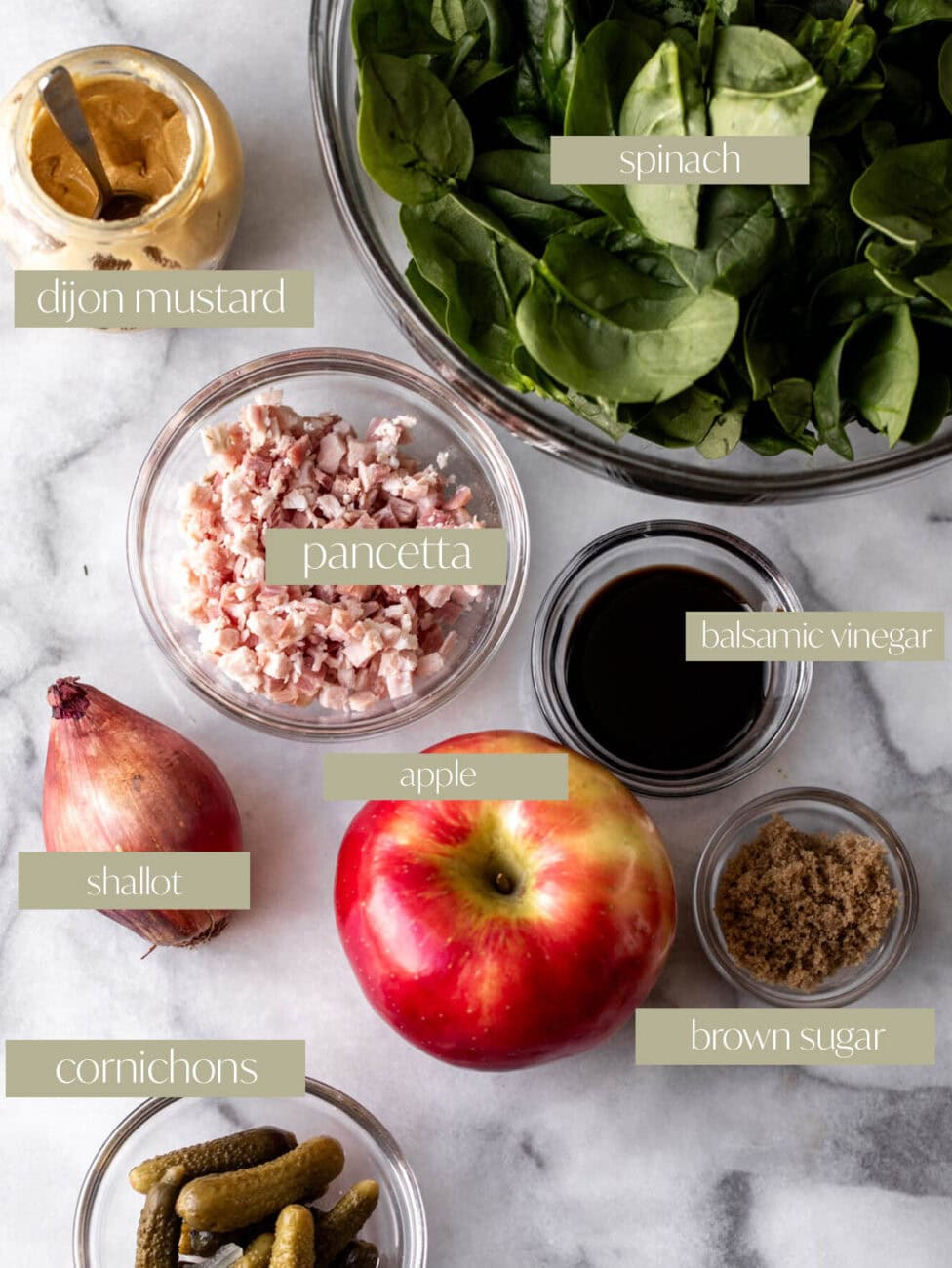 warm spinach salad with labeled ingredients.