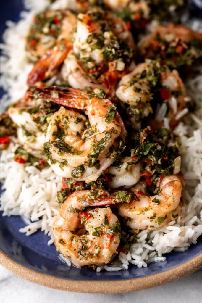 chimichurri shrimp with coconut rice.