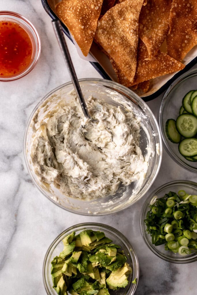 cream cheese and crab mixture for topping crab rangoon nachos.