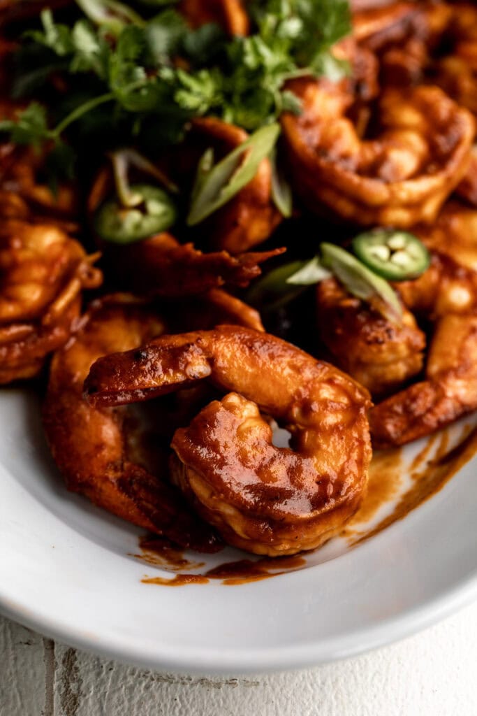 spicy red shrimp diablo with cilantro and jalapeño.