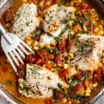 roasted cod with tomatoes and corn baked fish.