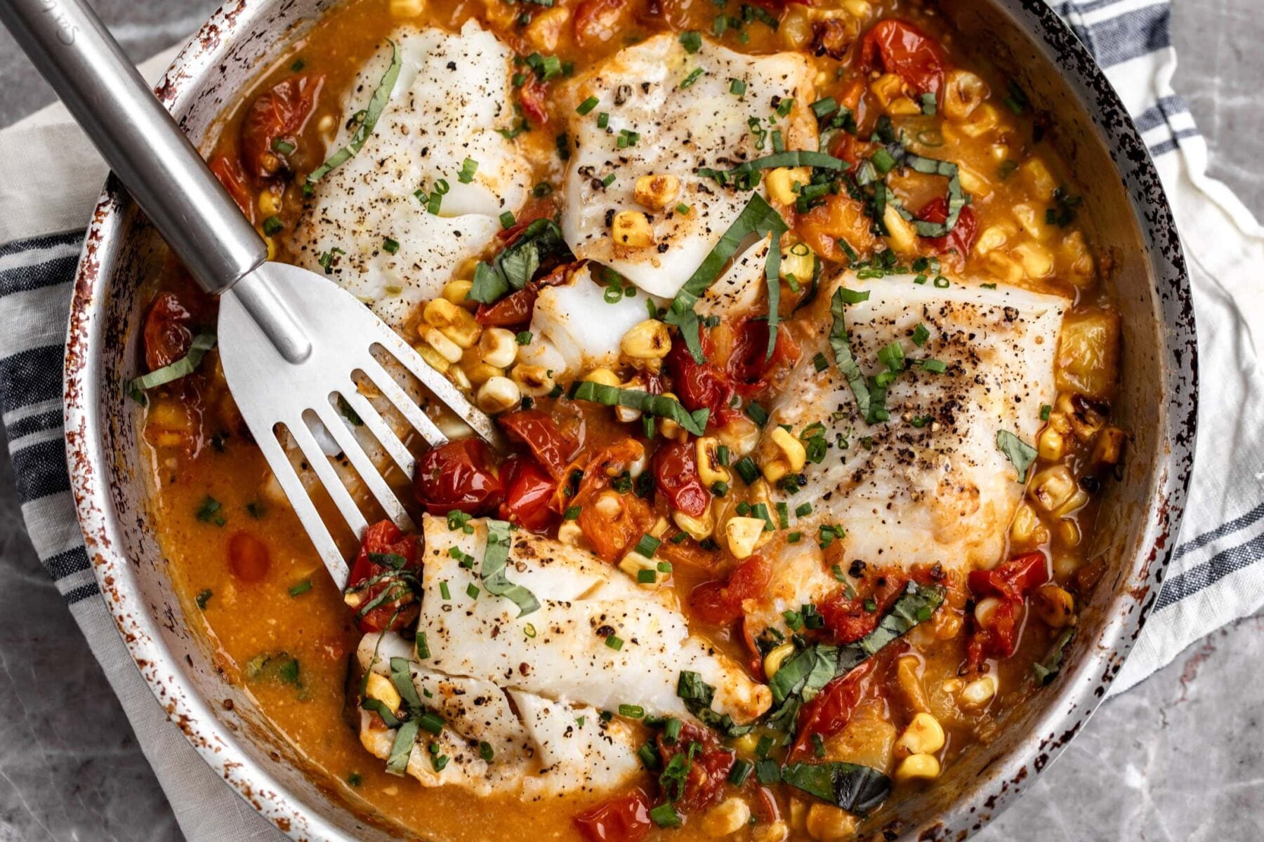 roasted cod with tomatoes and corn baked fish.