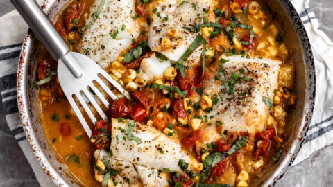 roasted cod with tomatoes and corn baked fish.