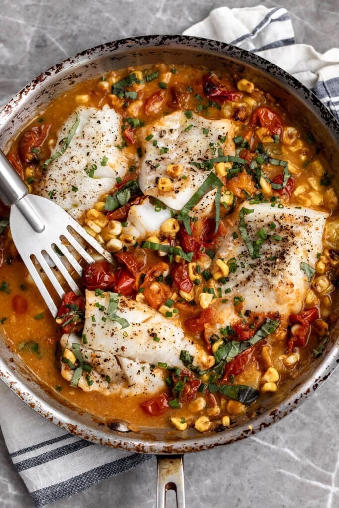 roasted cod with tomatoes and corn baked fish.