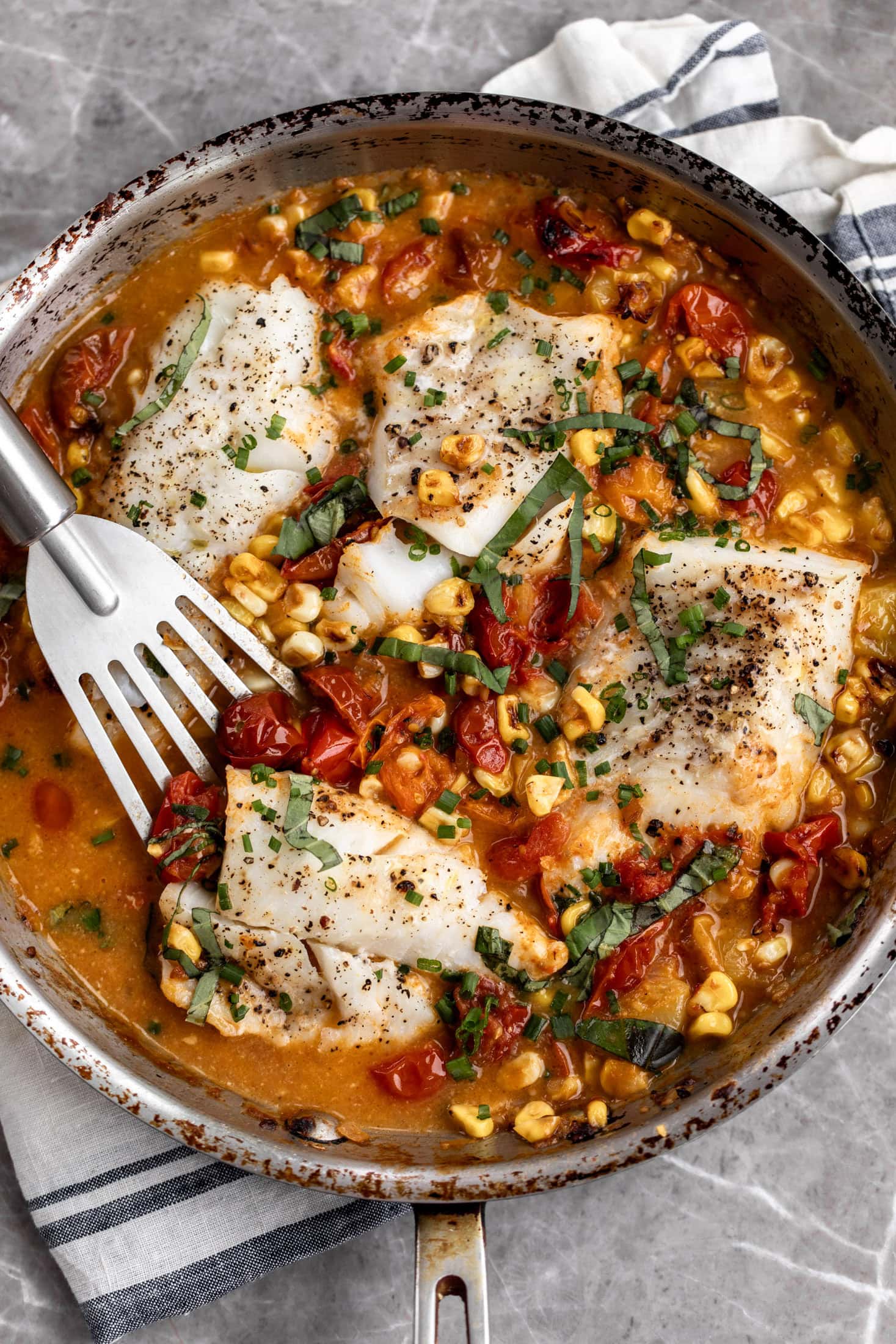 roasted cod with tomatoes and corn baked fish.
