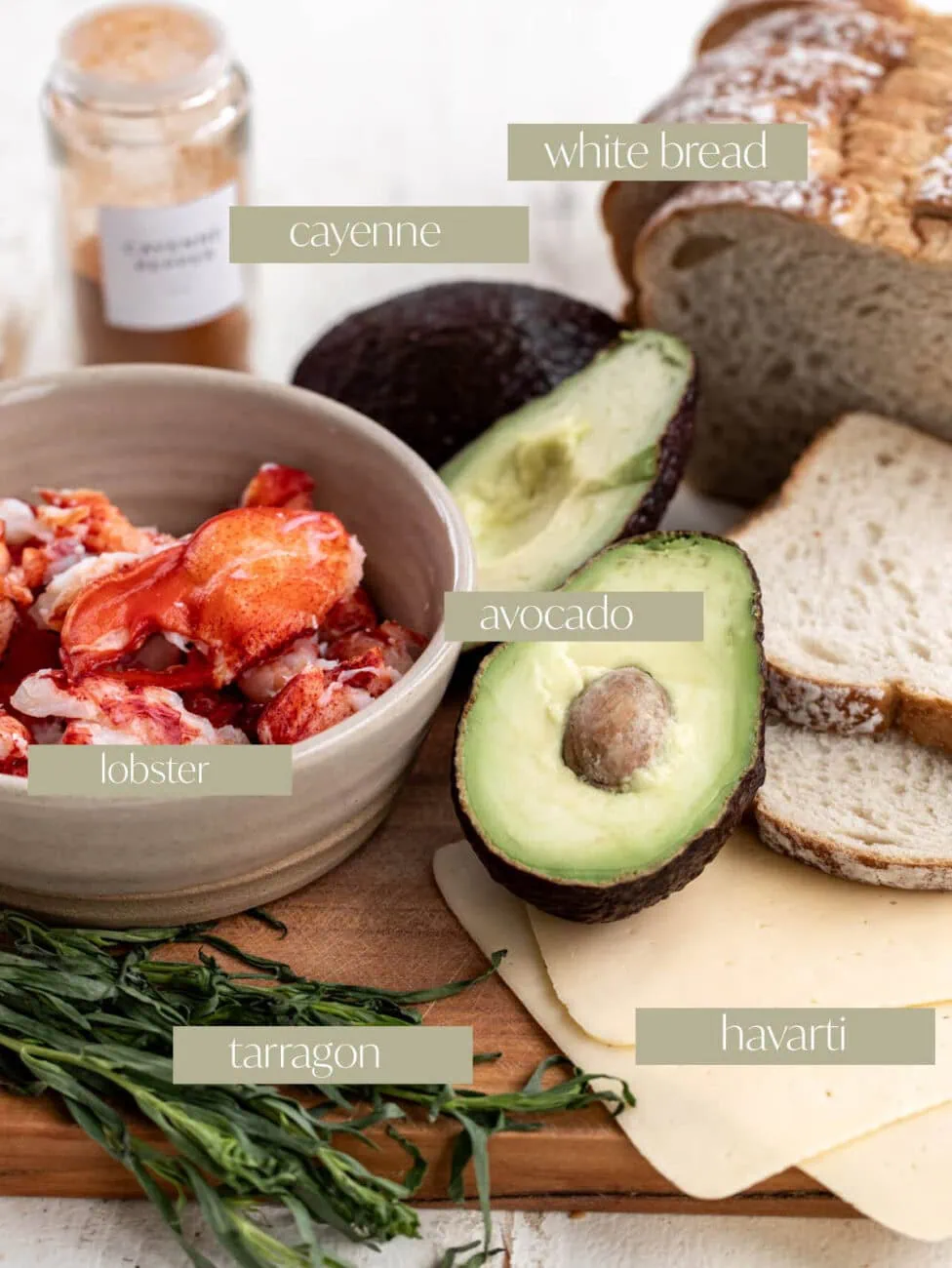 ingredients for lobster grilled cheese with avocado and tarragon.