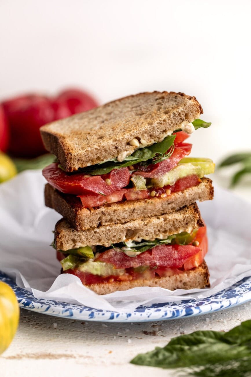 the best simple tomato sandwich recipe on enamel plate.