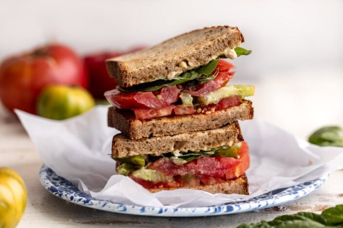 simple tomato sandwich recipe with marinated heirloom tomatoes.