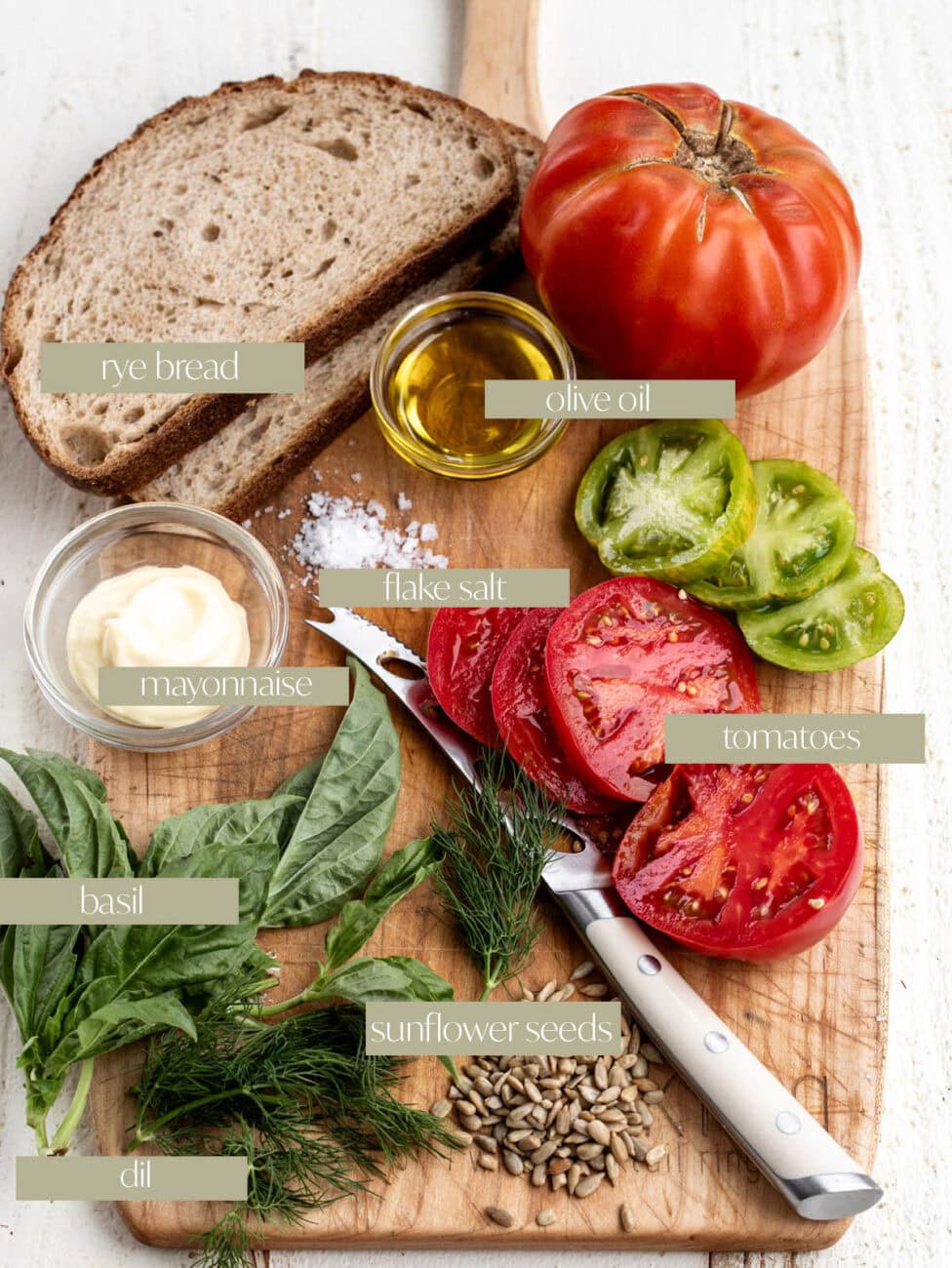 labeled ingredient photo heirloom tomato sandwich.