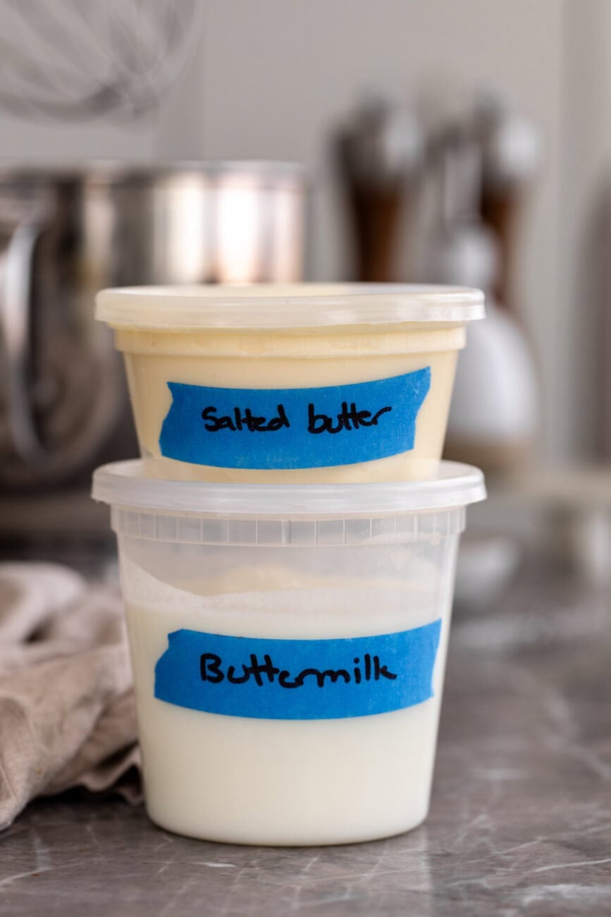 butter and buttermilk stored in deli containers.