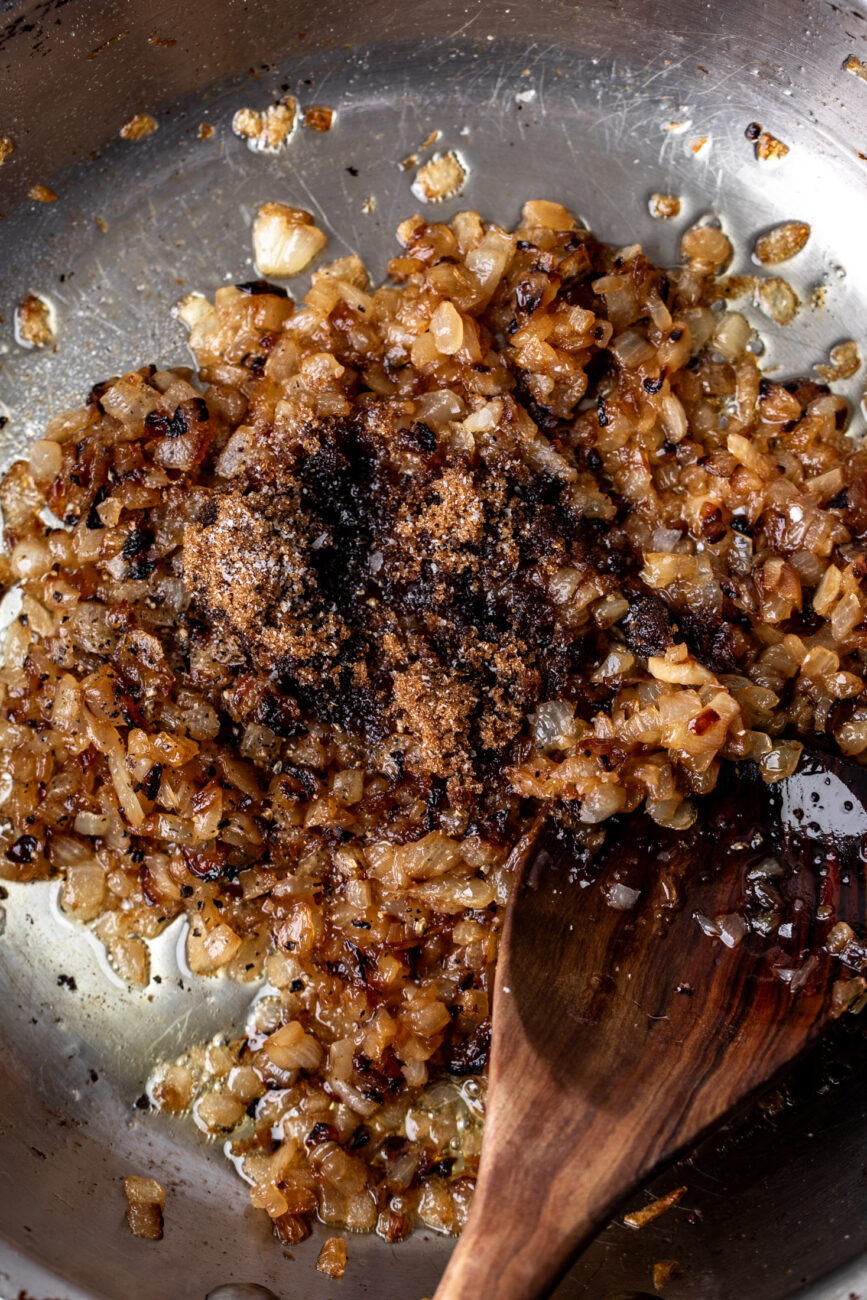 caramelized onions in sauté pan.