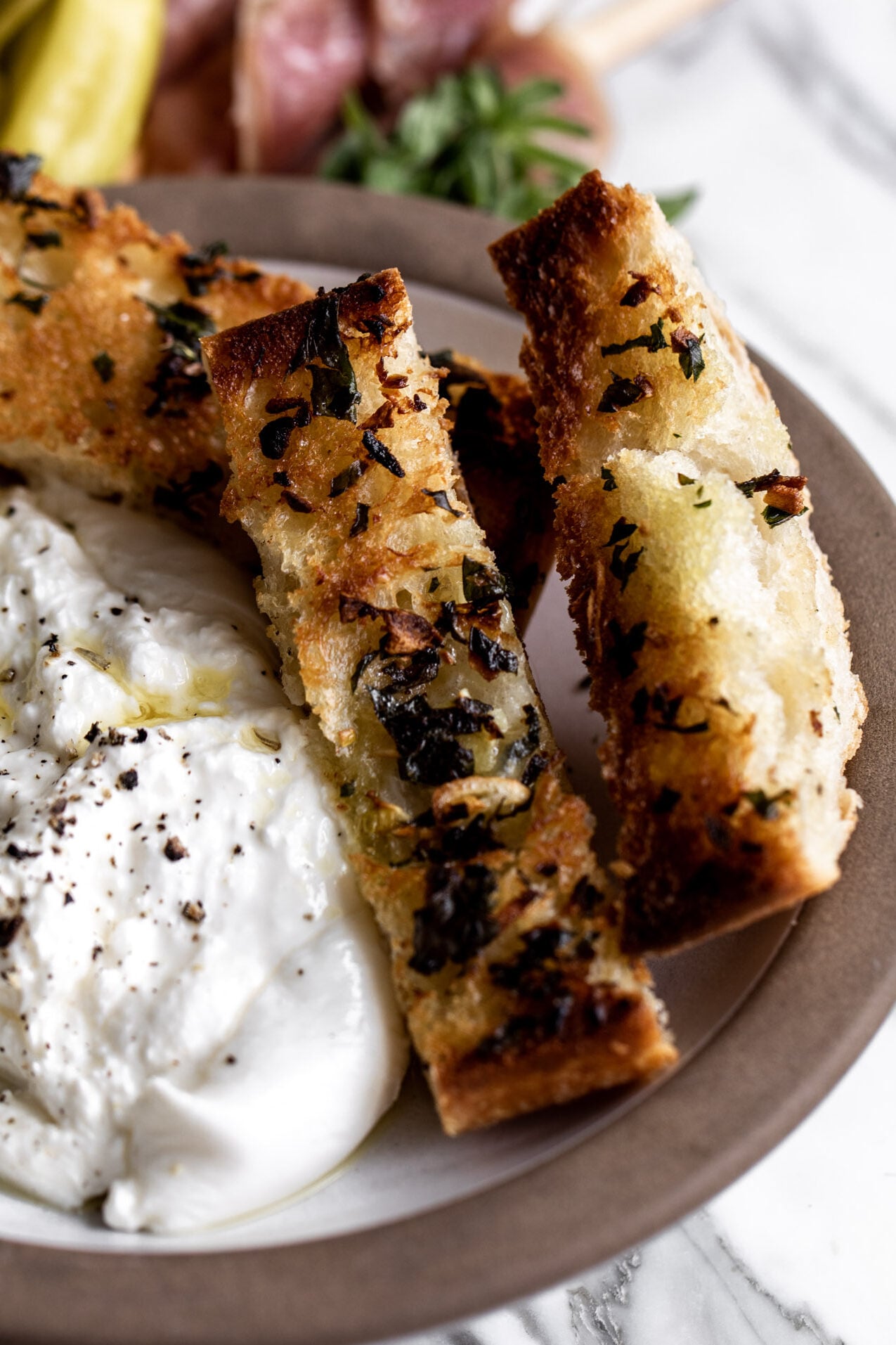 crispy golden garlic bread slices.