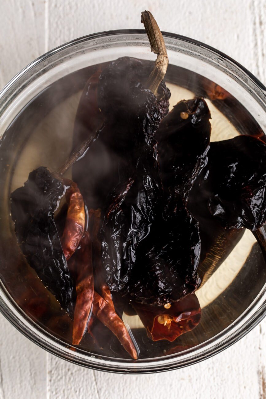 rehydrated dried chilies in water.