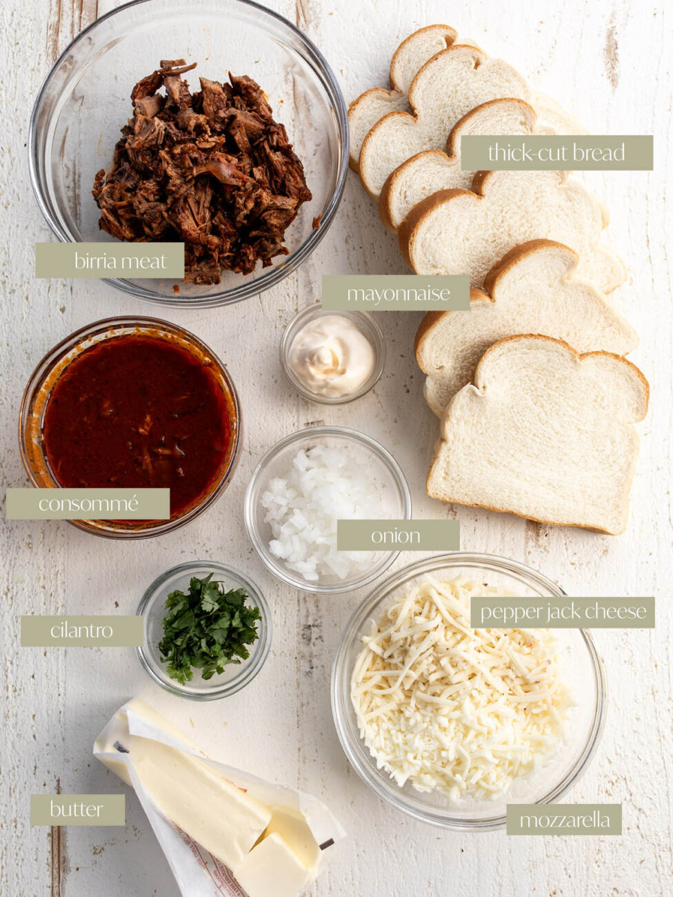 Birria grilled cheese labeled ingredients.