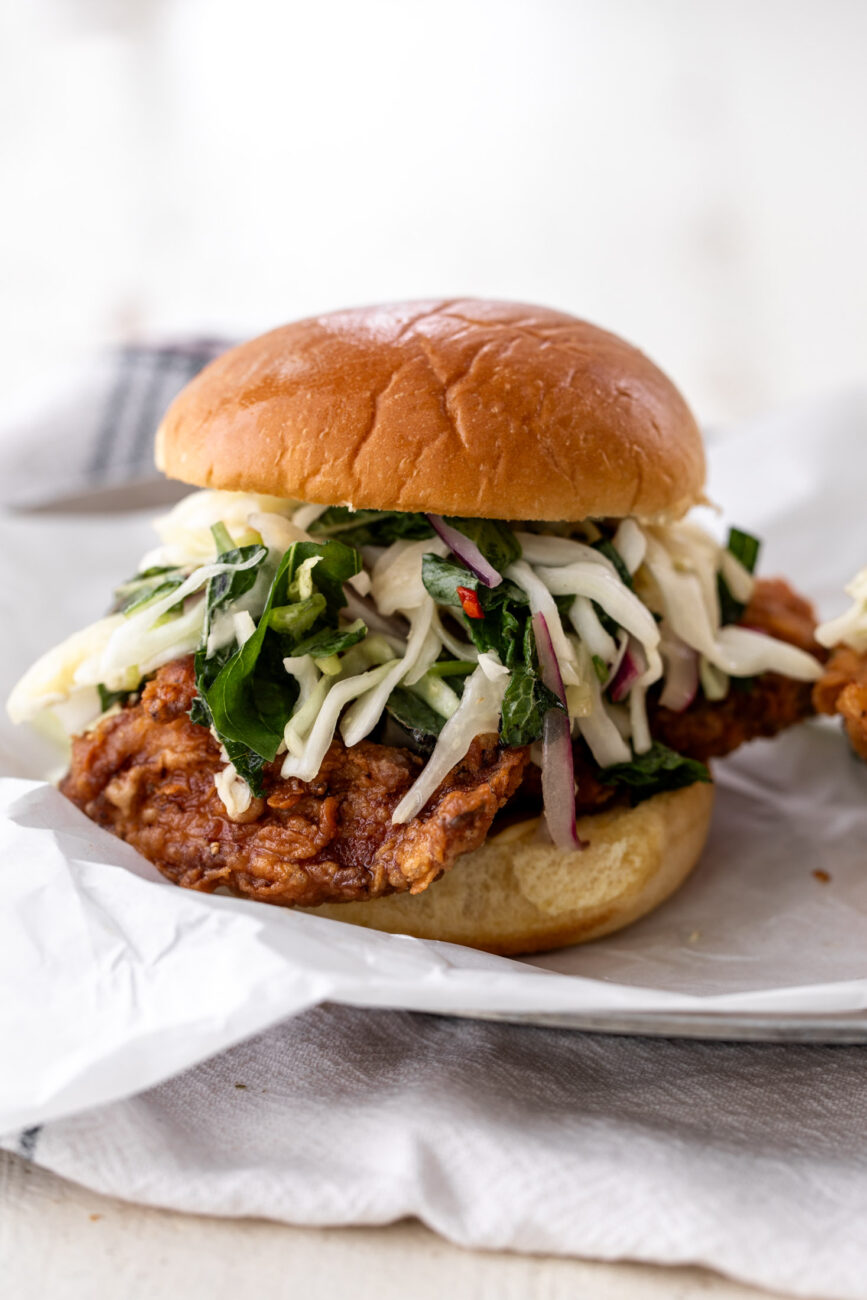 fried chicken sandwich with thai slaw.