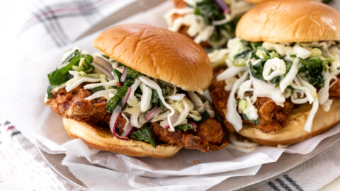 tangy thai fried chicken sandwich with slaw.