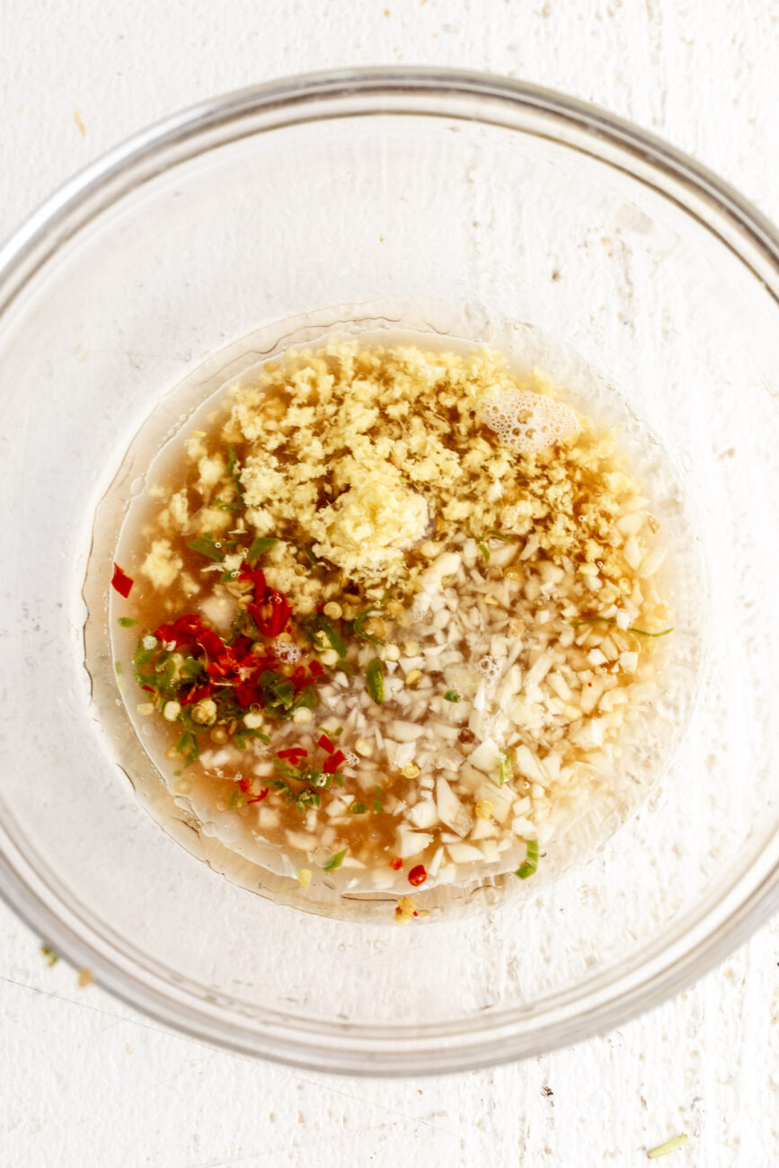 spicy tangy thai dressing in bowl.