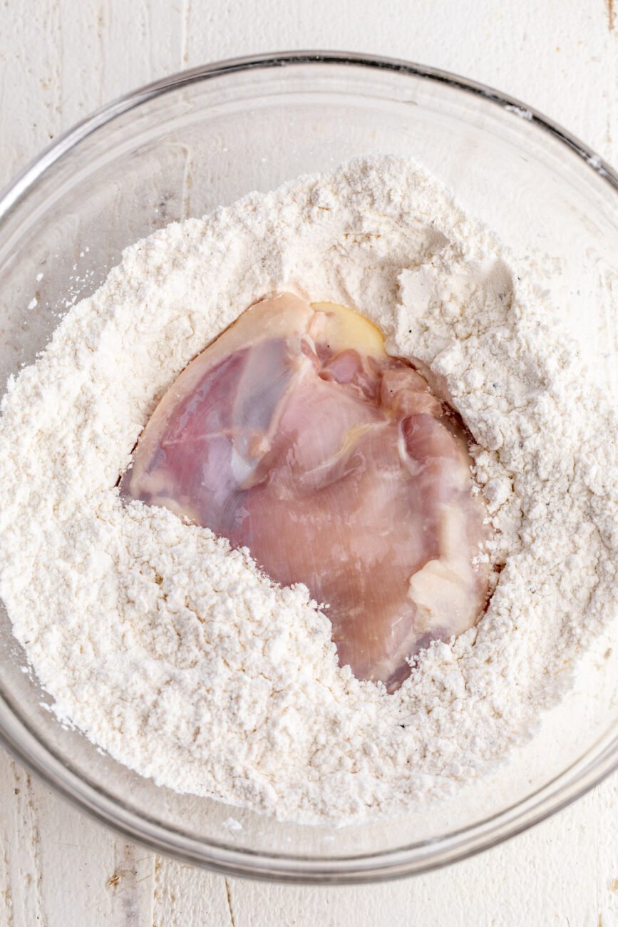 dredged boneless skinless chicken thighs.