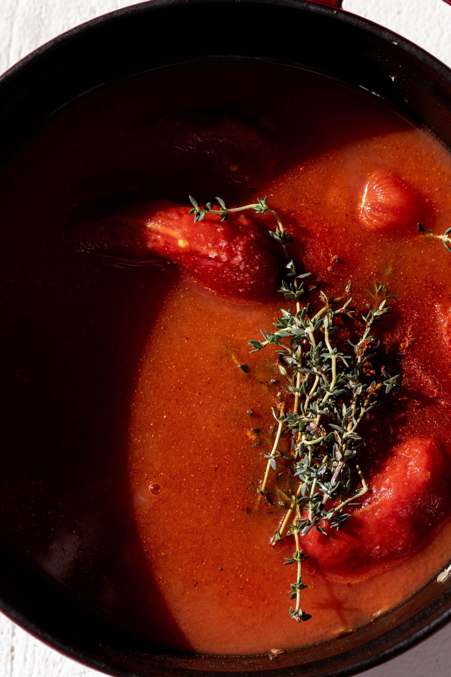 simmered tomato soup in pot.