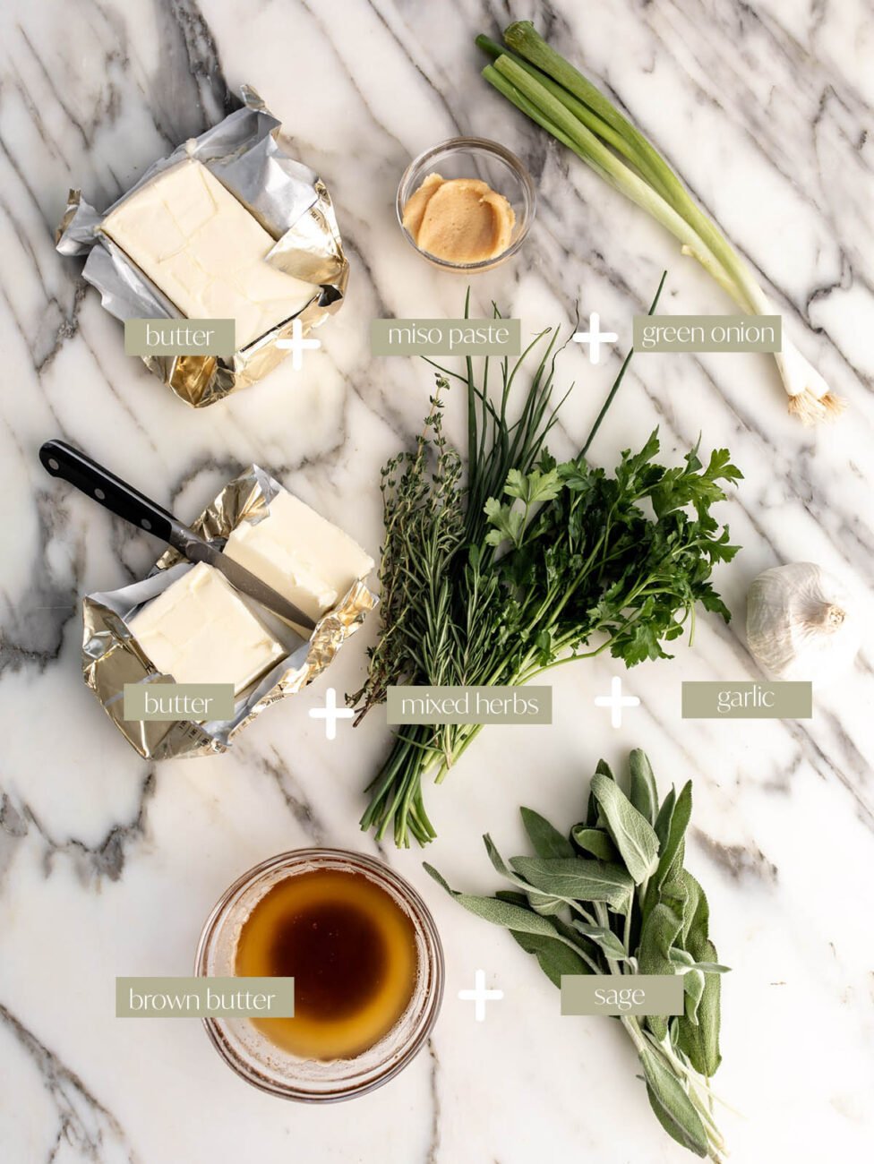 3 Compound Butters to Elevate Your Thanksgiving Turkey or Sides labeled ingredients.