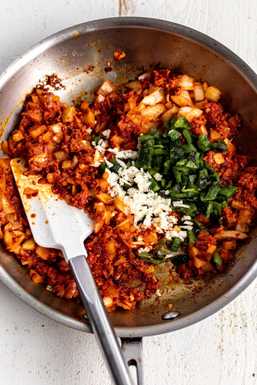 chorizo with poblano peppers, garlic and onion.