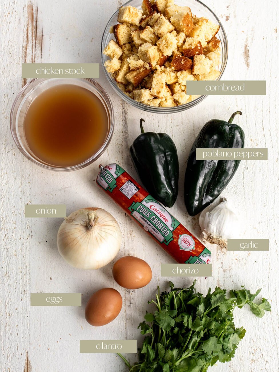 labeled ingredients to make chorizo cornbread stuffing recipe.