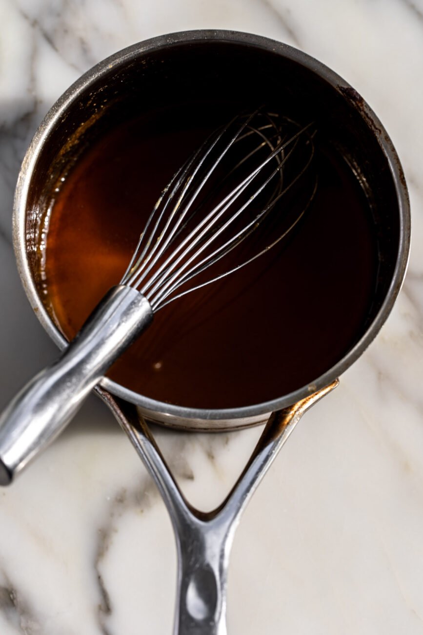 maple bourbon sauce in saucepan.