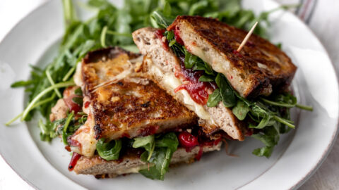 Turkey Melt with Cranberry Onion Jam on plate.