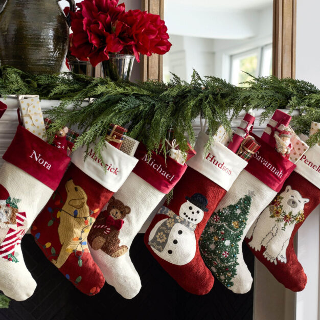 custom holiday stockings with embroidered names.
