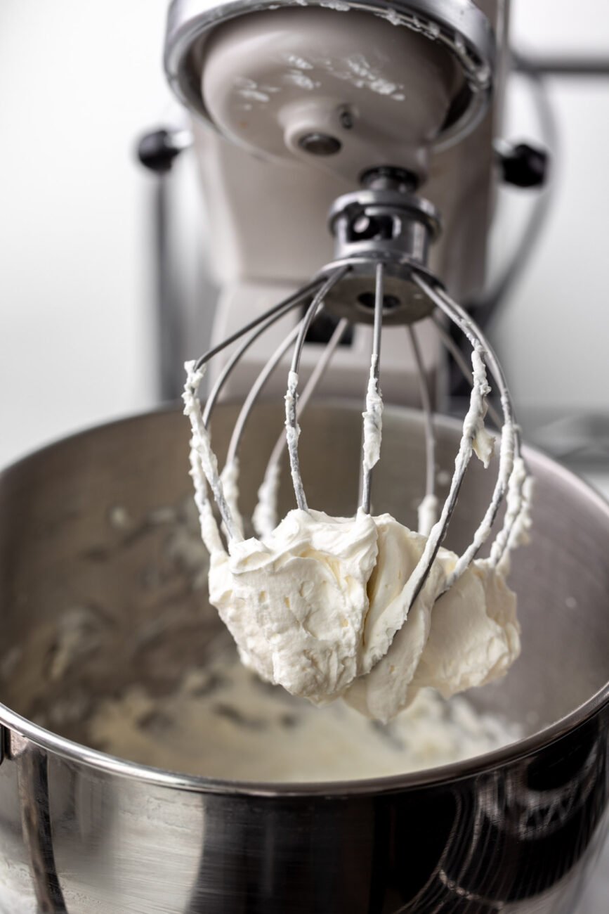 whipped mascarpone cream in stand mixer.