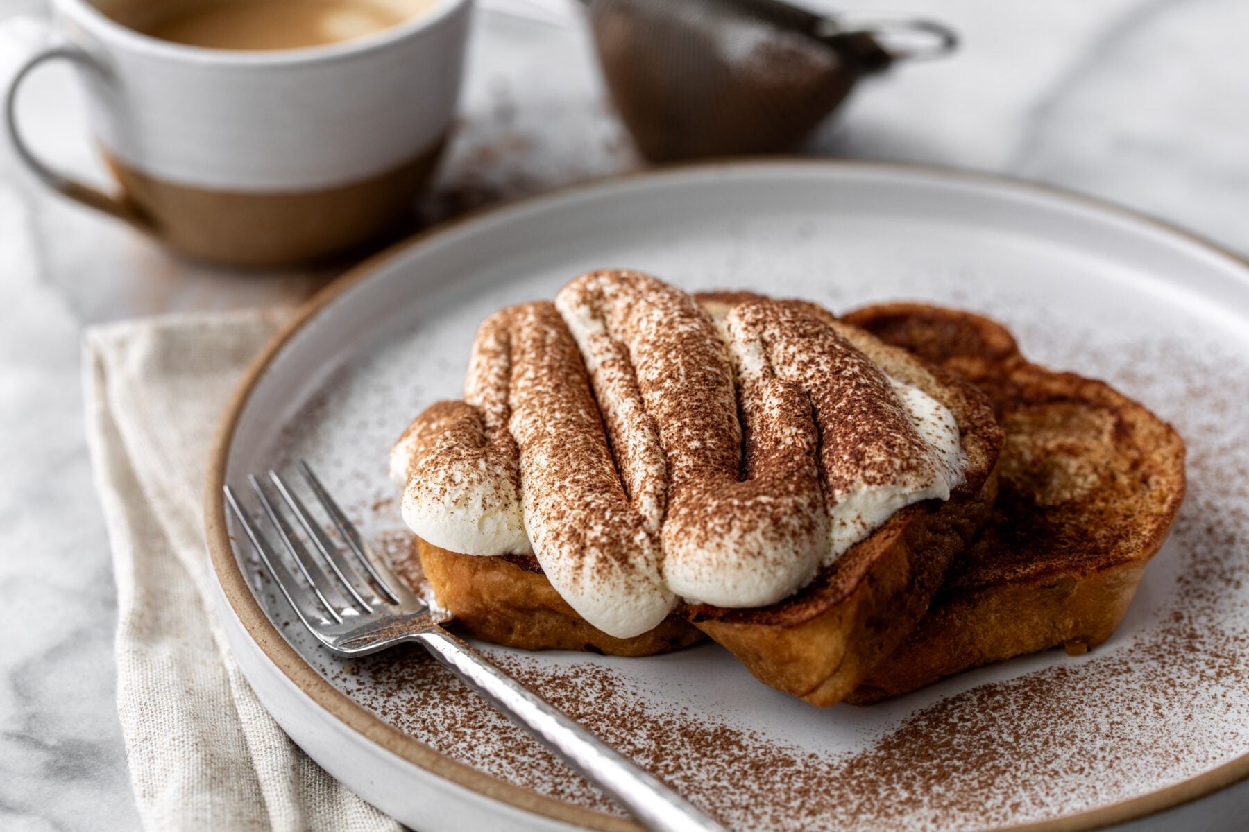 tiramisu french toast with mascarpone cream.