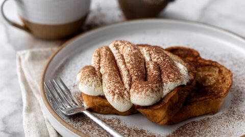 tiramisu french toast with mascarpone cream.
