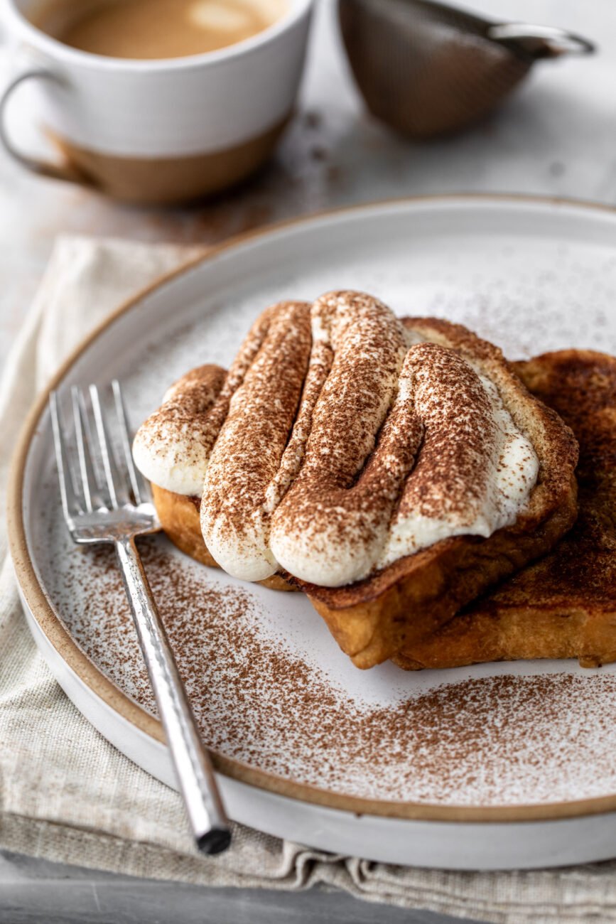 Brioche tiramisu french toast with mascarpone cream.