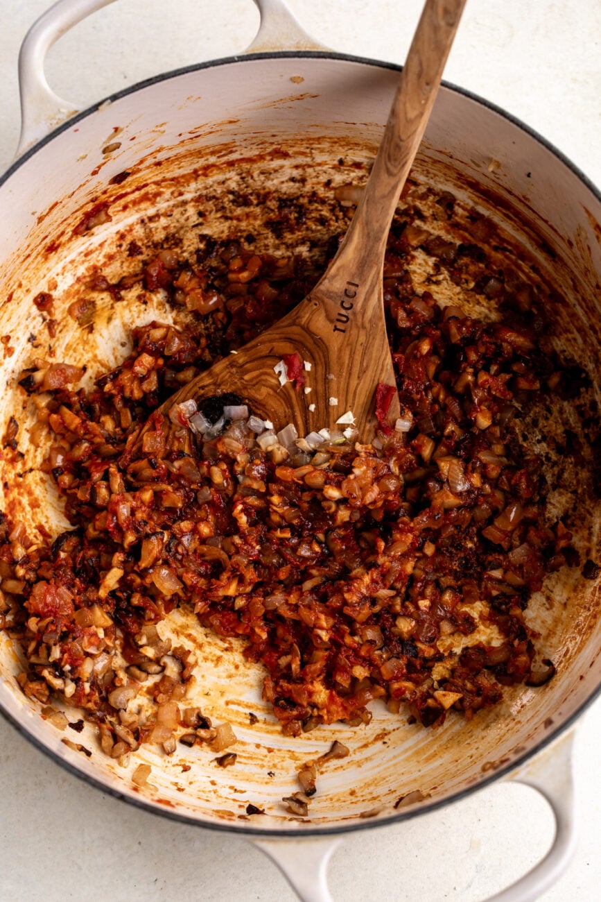 sautéed mushrooms with gochujang and tomato paste base.