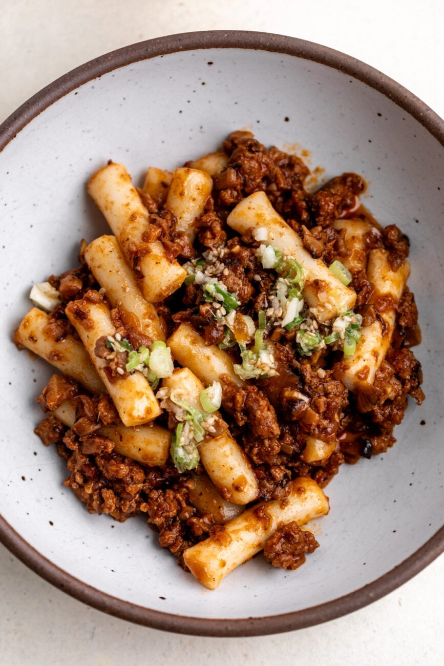 rice cakes with gochujang pork ragu.