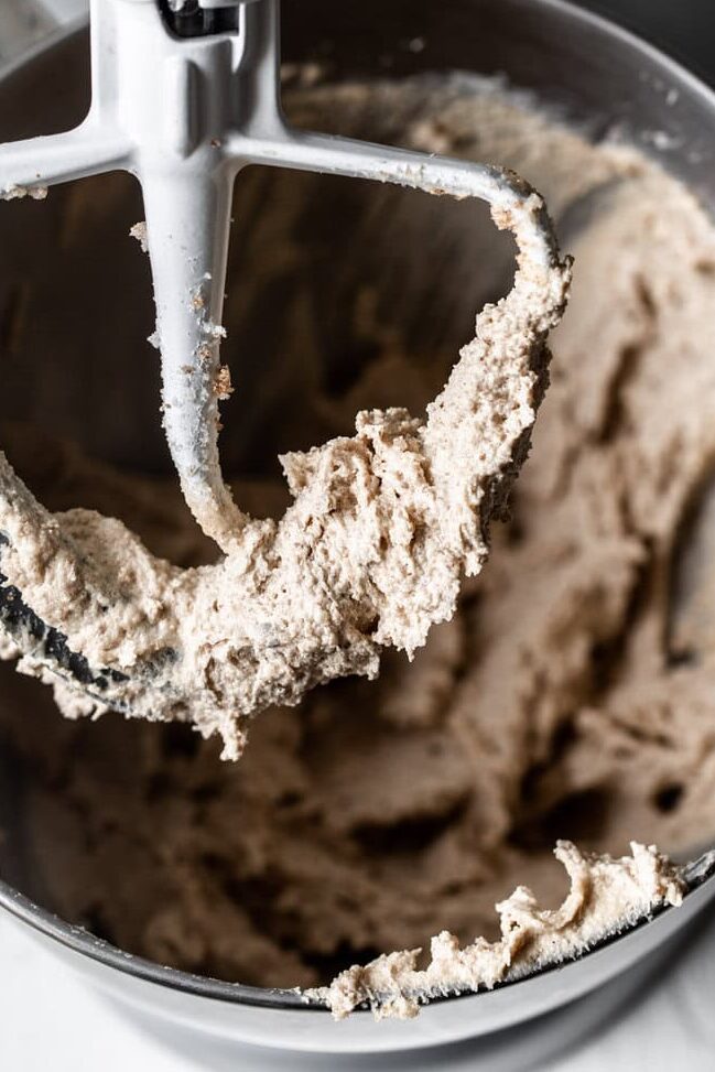 beat sugar and butter in stand mixer.