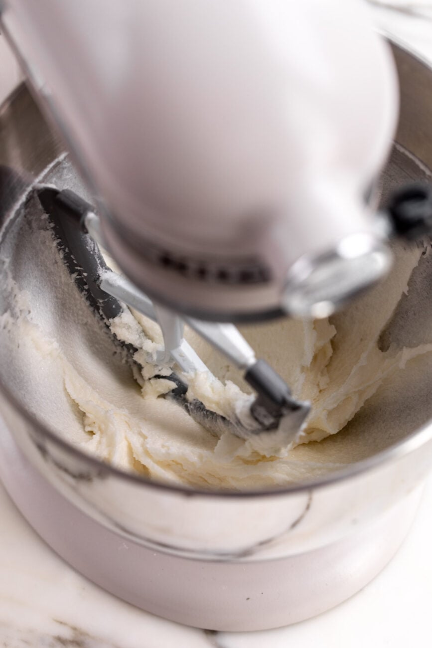 beat wet ingredients butter and sugar in stand mixer.
